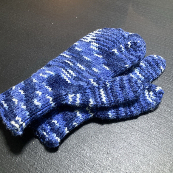 Wool Hand Made Knit Trigger Finger Mittens Men’s And Women’s Blue Warm Winger - Picture 4 of 9